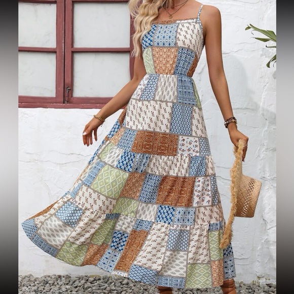 Boho Cottagecore Patchwork Floral Print Ruffle Hem Cami Dress - Picture 6 of 6